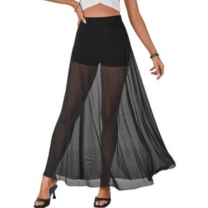 KIFOVEN Womens Sheer Mesh Maxi Skirt High Waist Flowy A Line See Through Long Skirt Black X-Large
