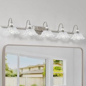 Brushed Nickel 5-Light Bathroom Vanity Light with Floral Clear Glass Shades, Brushed Nickel Wall Mount Lighting for Bathroom, Dressing Table
