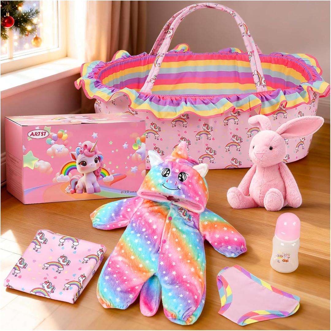 ARTST Reborn Baby Doll Accessories with Bassinet, Rainbow Unicorn Doll Clothes Outfit Set for 17-22 inch Newborn Babies,Valentine's Gift for 3-12 Girls Boys(NO Doll)