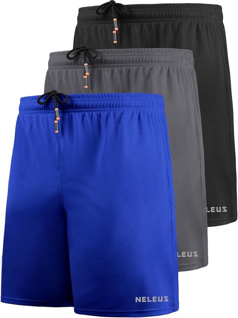 NELEUS Men's 7 inch Lightweight Workout Running Shorts with Pockets (Medium, 6058# 3 Pack: Black,grey,blue)