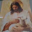 KYHDCJUB Jesus and Lamb Wall Art Jesus Saves the Lost Lamb Painting Christian Picture Wall Decor God Embraces Sheep Picture Prints Artwork for Living Room Bedroom Church 16x24 Inch Ready to Hang