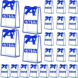 Sunnymove 24 Pcs Cheer Clear Plastic Gift Bags with Handles 10 x 7 x 3.1 Inch Reusable Clear Goodie Snack Treat Gift Bags with Ribbon for Cheerleader Teammates Sport Party Supplies (Blue Cheer)
