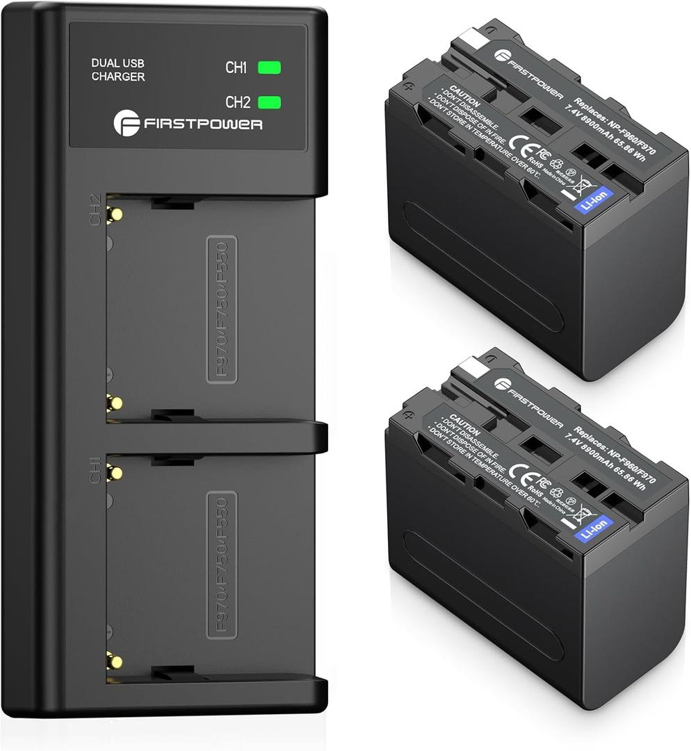 FirstPower 2 Pack NP-F970 Batteries and USB Dual Charger for Sony NP-F970 F960 F950 F930 F750 F570 F550 F530 F330 Battery and Sony Handycams, CCD-SC55 TR516 TR716 TR818 TR910 TR917
