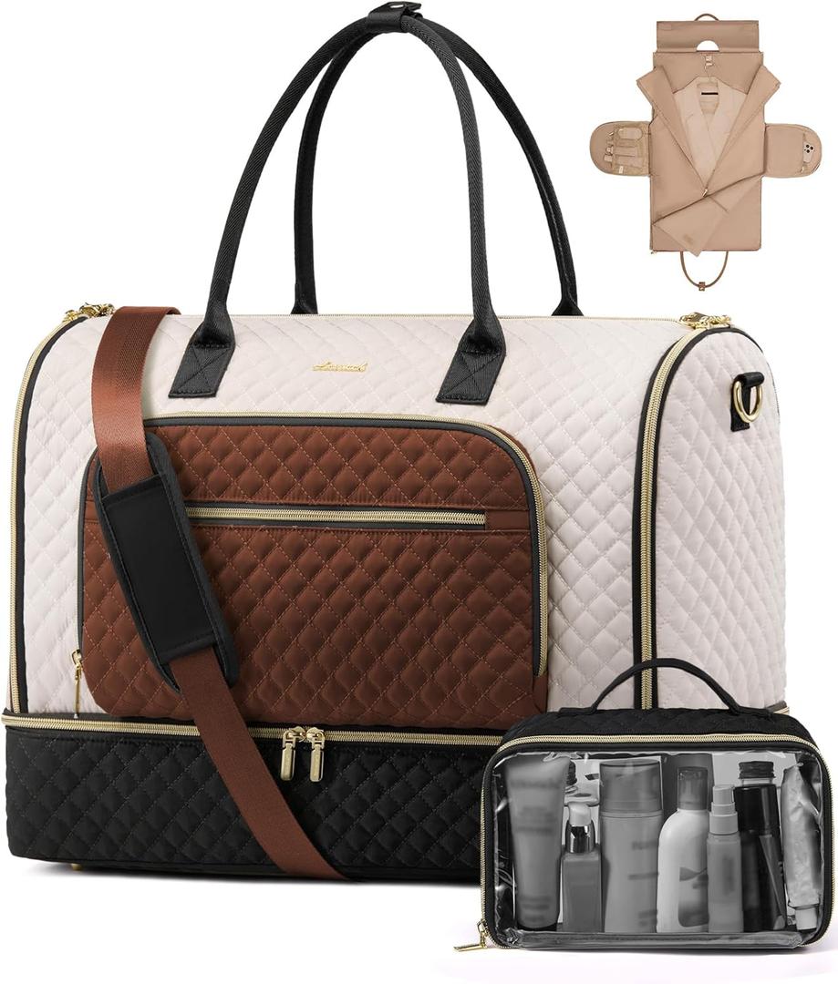 LOVEVOOK Convertible Travel Duffle Bag for Women Men, Garment Bag for Travel, Quilted Overnight Weekender Carry On Duffel Bags for Airplane, Suit Bags for Trip, Business (47L-20.5 inch-2Pcs, Black-Beige-Brown)