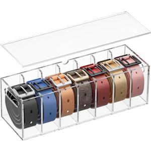 Belt Organizer - Acrylic Belt Storage Holder for Closet with Dust Cover Lid - 7 Compartments Clear Display Case for Tie and Bow Tie