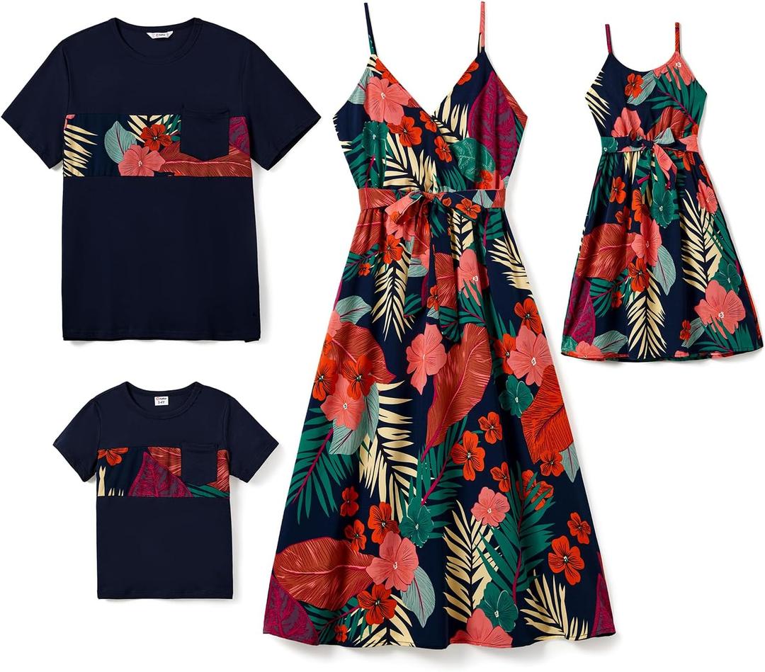 PATPAT Family Matching Outfits Mommy and Me Dresses Hawaiian Tropical Vacation Beach Spaghetti Strap Dress and Shirt (3-6 Months, Blue&red)