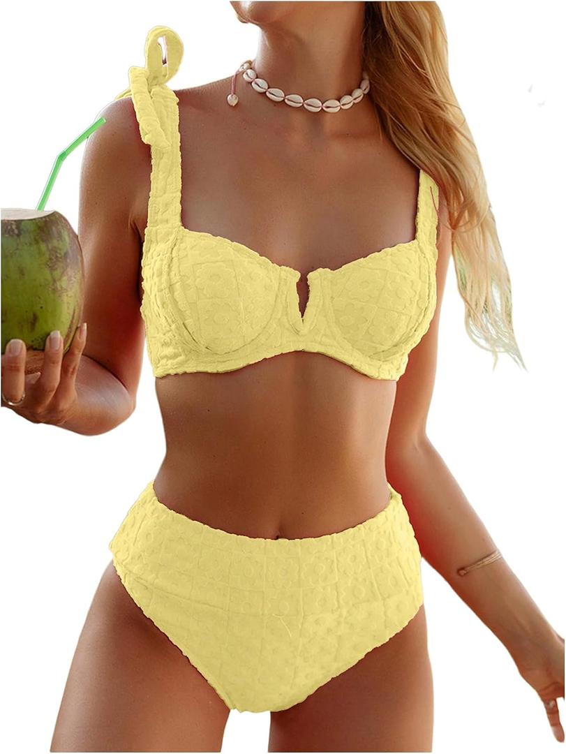 SOLY HUX Women's High Waisted Bathing Suit Tie Shoulder Underwire Summer Swimsuit Bikini Set (Yellow, S)