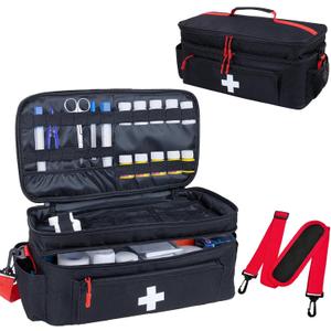 ALSLEA First Aid Bag Empty Large Medical Bag with Shoulder Strap 16x 9.5 x 7 Medicine Organizer Travel First Aid kit Emergency Supplies Storage Bag for Car, Home, Office, Outdoor (Black)