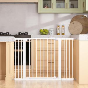Keny 29.7"-46" Baby Gate for Stairs, Auto Close Dog Gates for Doorways, Pressured Mounted No Drilling Pet Gate Extra Wide, Easy Walk Thru Stair Gate, 30" Tall, White