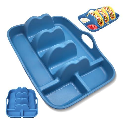 Taco Holder Stand - Reusable Silicone Taco Holder with Handle & Dividers for Hard/Soft Taco - Each Plate Includes 3 Taco Holders Plus 2 Compartments (Blue)