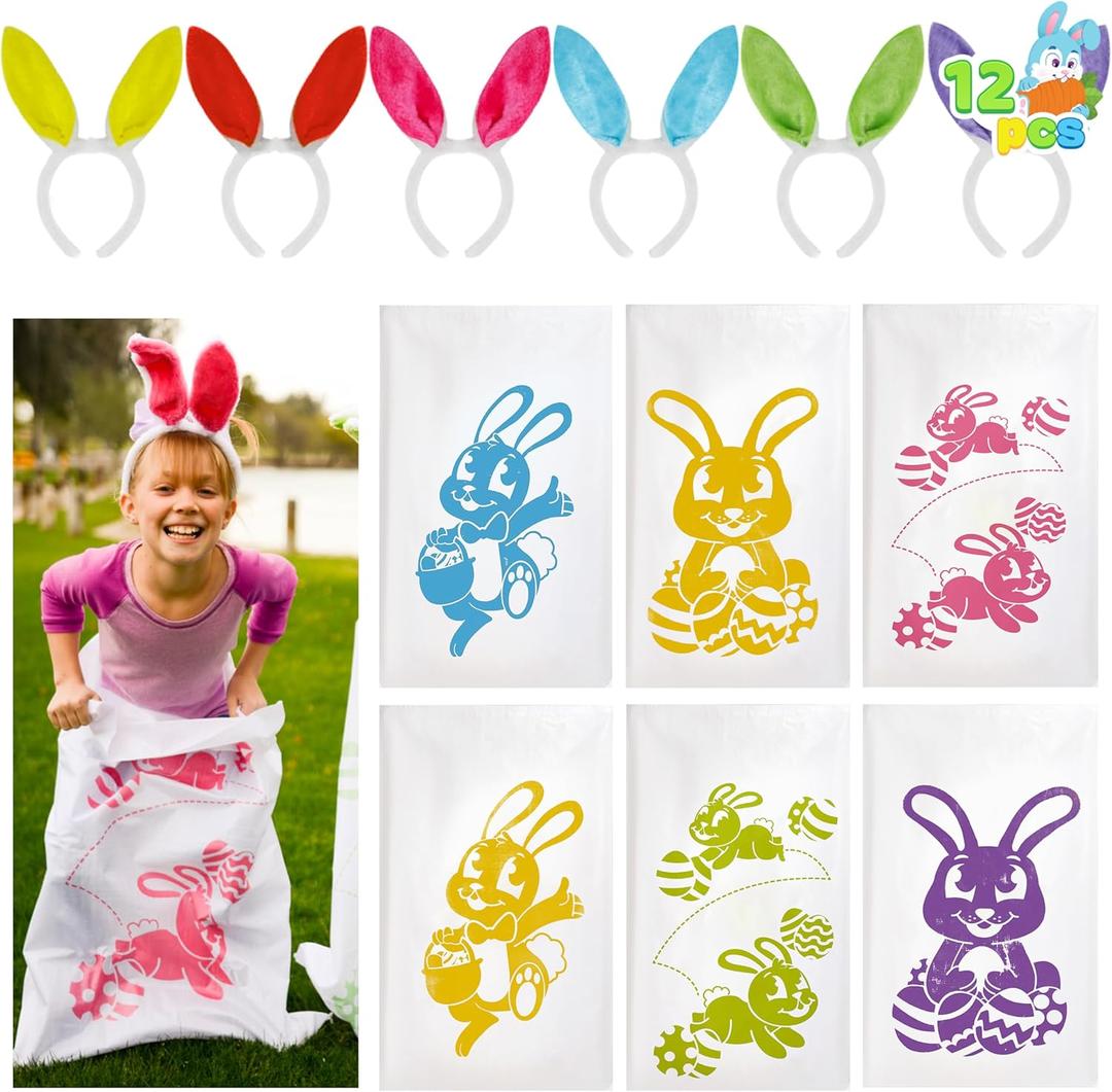 JOYIN 12PCS Easter Potato Sack Race Jumping Bags 24 * 40 with Bunny Ears Headbands for All Ages Kids Easter Theme Party Favor, Easter Eggs Hunt Game Activities,Easter Party Supplies, Party Games