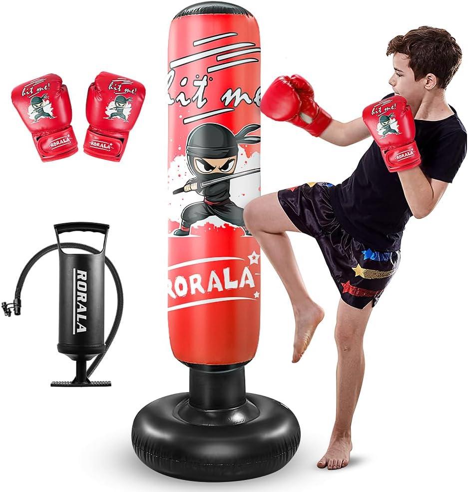 Inflatable Kids Punching Bag, 63 Inch Boxing Bag Toy with Gloves, Manual Air Pump, Great Gift for Boys Girls Age 3-12 (RED)