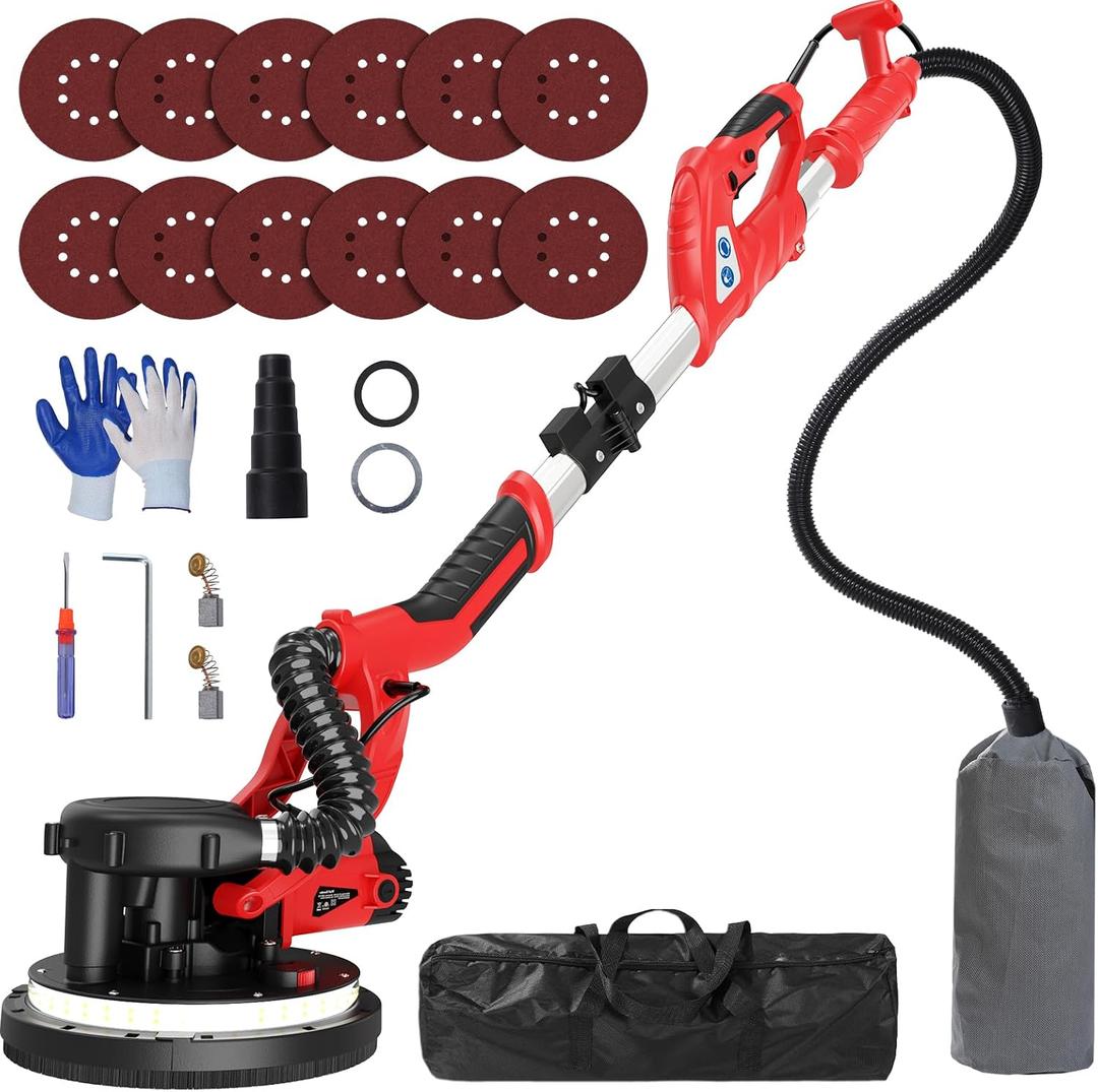 Drywall Sander, 2025 Upgraded 8-Amp Popcorn Ceiling Removal Tool with 7 Variable Speed 800-1800RPM, Drywall Sander with Vacuum Dust Collector with Extendable Handle, LED Light, 12pcs Sanding Discs,Red