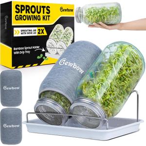 [LARGE SIZE] 2000ml(68oz) Seed Sprouting Mason Jar Kit with Stand,Drain Tray, Screen Lids,Blackout Sleeves,Good Ventilation & Drainage Capacity,Growing Fresh Organic Mung Beans,Broccoli & Microgreens