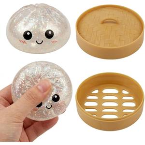 2 Pack Glitter Dumpling Squishies with Steamer Basket, Stress Relief Fidget Sensory Toy for Adults, Soft Squeeze Decompression Dough for Anxiety, Desk Decor, Party Favors