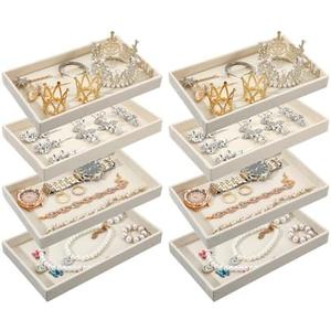 Caeuiciw 8 Pcs Small Velvet Jewelry Tray Stackable Jewelry Drawers Organizer Trays Jewelries Storage Trays 8.3 x 4.7 x 1 Inches (Beige)