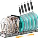 MUDEELA Expandable Pots and Pans Organizer Rack under Cabinet, Pots Lid Organizer Rack for Kitchen Cabinet Organizers and Storage with 12 Adjustable Dividers Cutting Board Holder & Anti-Scratch Strips