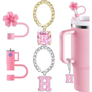 4 x Straw Cover for Stanley Cup Accessories - Unique Crystal Letter Charms for Stanley Cups, Cute Cup & Flower Silicone Straws Topper Covers for 30 & 40 0z Tumbler with Handle, 10mm 0.4in Straw Cap