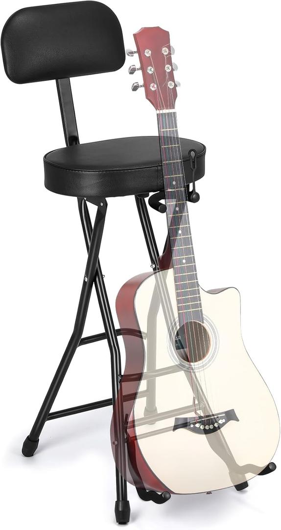 Guitar Stool with Thick Padded Cushion, Guitar Chair, Ergonomic Backrest Heavy Duty 300 Pound Capacity Portable Seat with Foot Rest, Folding Stand, Accommodates Acoustic Bass, Fretboard
