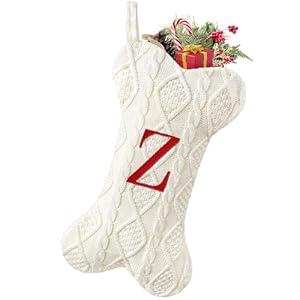 Malier Dog Christmas Stocking with Initials, Letter A Embroidered Knit Christmas Stocking for Dogs, White Large Bone Shape Xmas Pet Stockings Hanging Stocking for Dogs Cats Pets (White, Letter-Z)