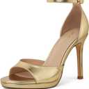Elisabet Tang Woman's Round Open Toe Ankle Strap Heeled Platform Sandals Stiletto High Heel Sandal Dressy Sexy Wedding Party Shoes (7.5, Gold)