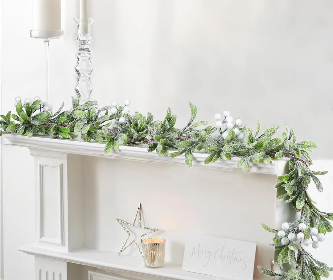 6ft Mistletoe Christmas Garland, Artificail Berry Garland Snowy Olive Christmas Garland for Home Winter Holiday Mantel Table Fireplace, Stairs Railing Decoration
