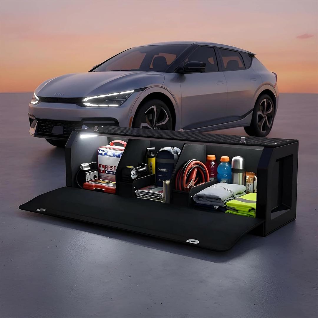 SUV Trunk Organizers with LED Lights, Waterproof Car Storage Organizer | 42.12 * 11.4 * 12.2in, Diamond-Pattern Leather, With Lid & Handle, Powered by 4 AA Batteries (Batteries Not Included)