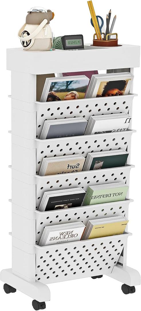 6 Tier Rolling Utility Cart Multi-Functional Movable Storage Book Shelves with Lockable Casters for Study Office Classroom, White