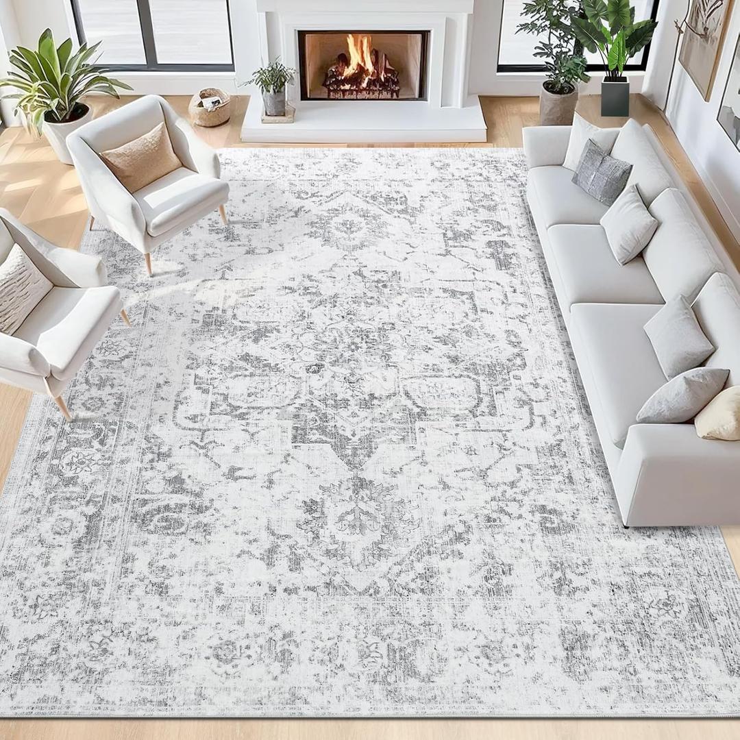 5x7 Area Rugs for Living Room, Large Washable Vintage Gray Living Room Rug, Soft Non-Slip Stain Resistant Throw Carpets for Dining Room Bedroom Office Farmhouse Home Decor, Light Grey