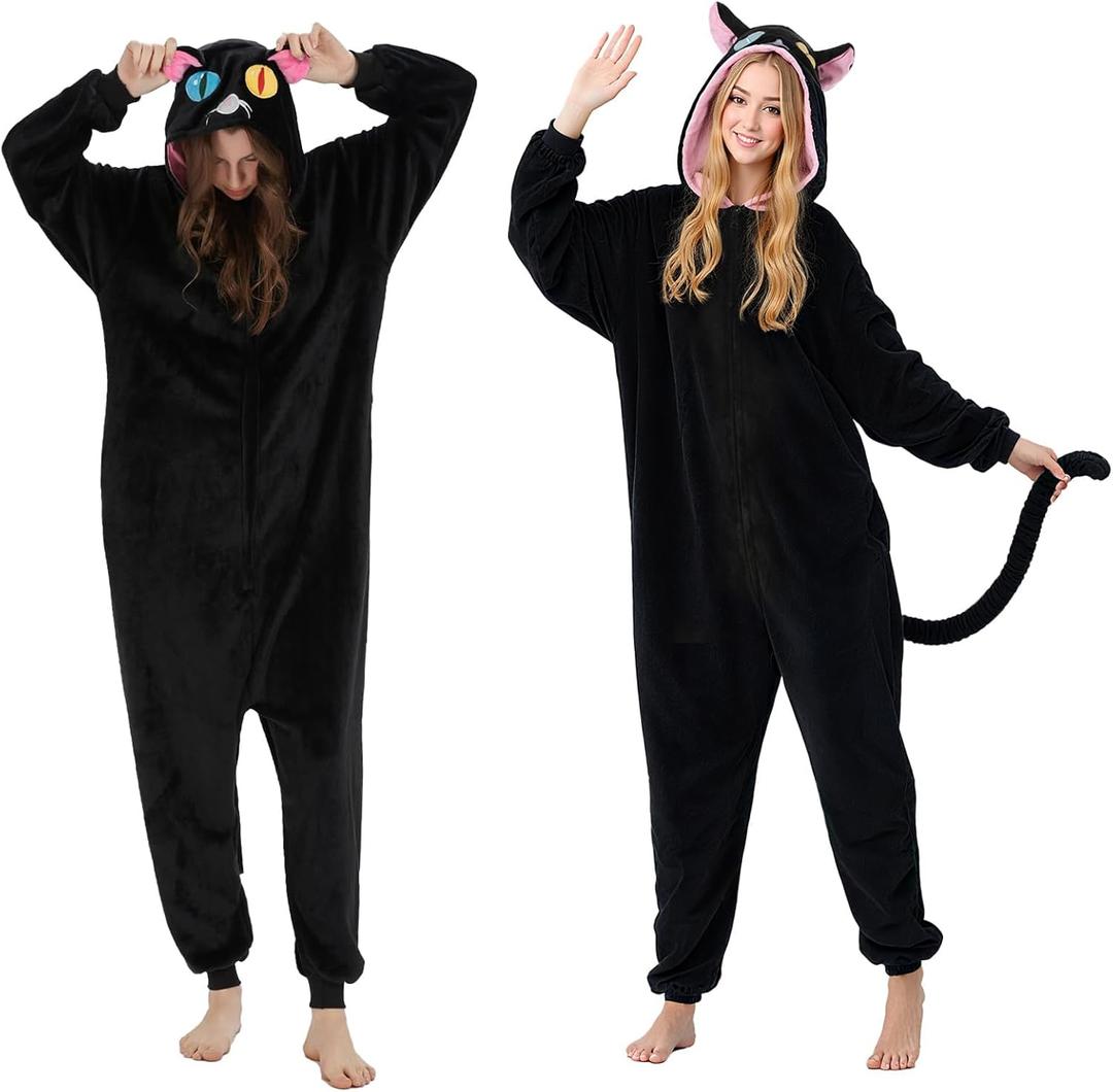Black Cat Onesie Pajamas for Women Plush Animal One Piece Cute Cat Costume Sleepwear Halloween Cosplay Costume (Medium)