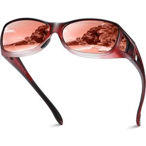 DUCO Polarized Wraparound Fitover Glasses Wear Over Sunglasses for Men Women UV Protection Sun Glasses 8953 (M Wine Red Frame Brown Lens)
