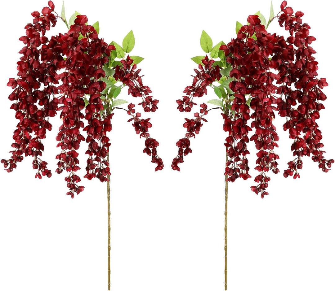2 Pcs 45'' Artificial Wisteria Flowers Branches Burgundy Fake Wisteria Floral Hanging Plant Decoration for Wedding Flower Wall Backdrop Party Floor Vase Balcony