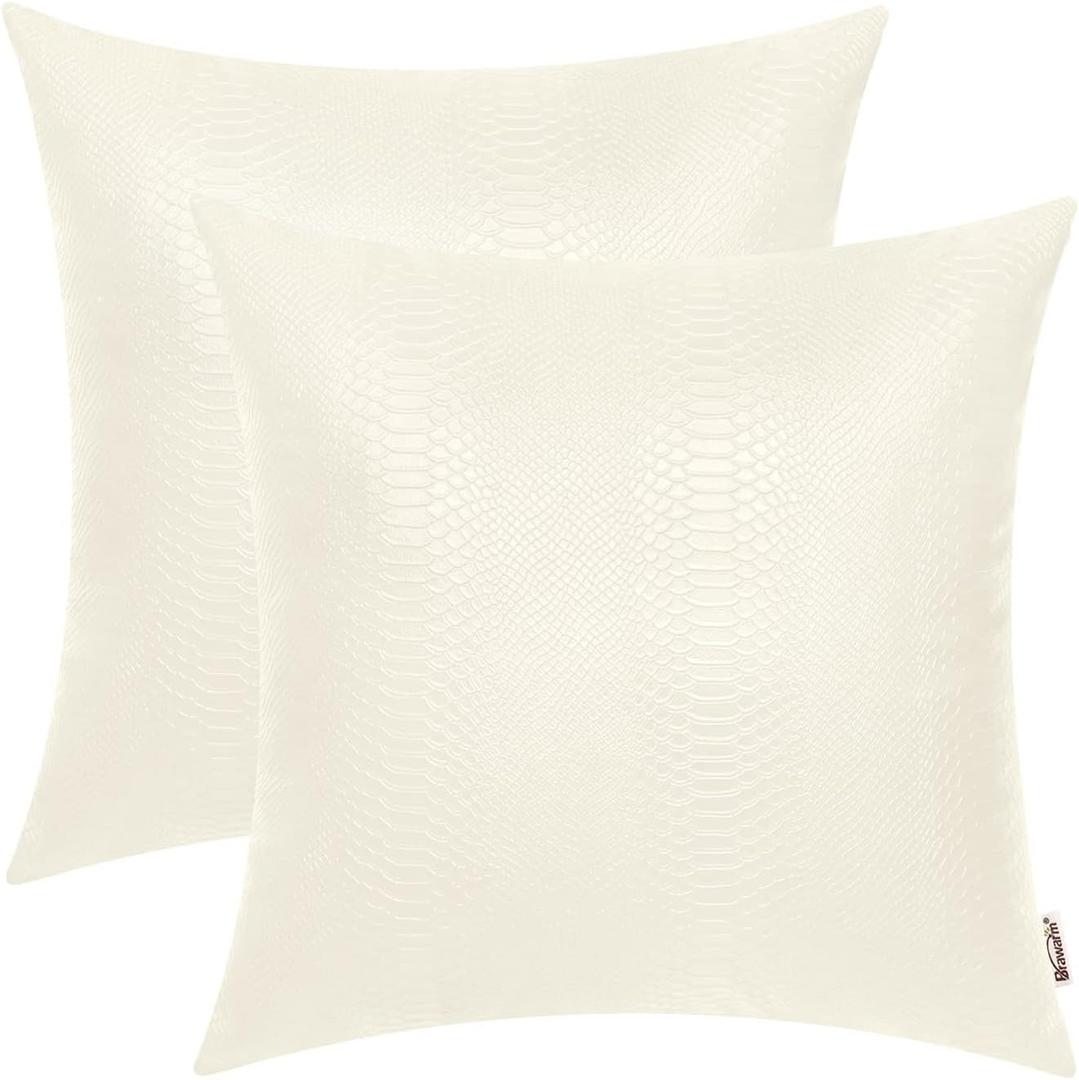 BRAWARM Ivory White Leather Throw Pillows 22 X 22 Inches - Snake Leather Pillow Covers Pack of 2, Faux Leather Decorative Pillow Covers for Couch Living Room Garden Bed Sofa Home