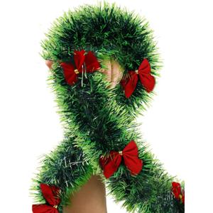 Christmas Tinsel Garland with Light Green Tips (Total 29.7FT) and 27 Red Bows, Festive Pine Garland for Staircase Fireplace Mantle Xmas Tree and Home Party Decor (9.9FT * 3PCS)