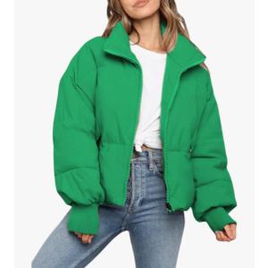 UANEO Puffer Jacket Womens Oversized Cropped Puffy Quilted Winter Jackets Coat Size Small, Green , Emerald 
