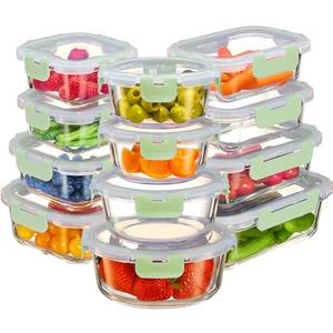 FineDine 12 Piece Glass Storage Containers with Lids - Airtight, Leak Proof, Dishwasher Safe, Glass Food Storage, Food Storage Containers, Meal Prep Containers, Green