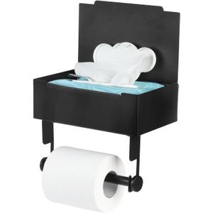 Toilet Paper Roll Holder Wall Mount with Storage,Black Matte Toilet Tissue Holder Free Standing Hidden Flushable Wipes Box,Stainless Steel Bathroom Accessories with Storage