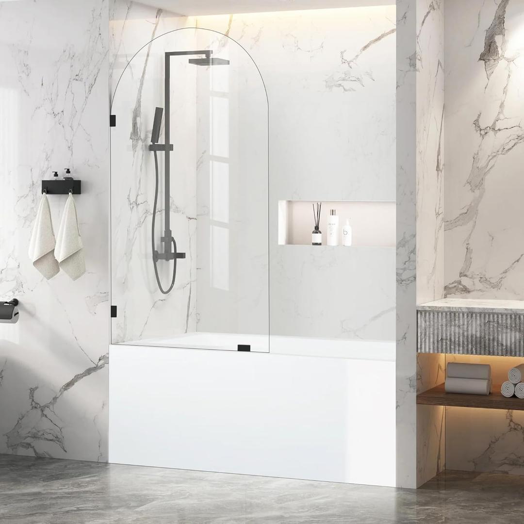 34" W X 58.25" H Tub Shower Door, Frameless Bathtub Glass Shower Door with Clamps, 5/16"(8mm) Clear Tempered Glass Bathroom Shower Screen Single Fixed Bath Panel in Matt Black