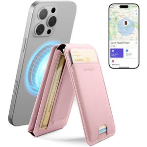 SURITCH for MagSafe Wallet with Find My Functionality, NFC Supported Card Holder with RFID Blocking, Magnetic Wallet with Adjustable Stand Selfie Stick for iPhone 17/16/15/14/13/12 Series, Pink
