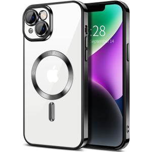 Hython Magnetic Clear for iPhone 14 Case with Camera Lens Protector [Compatible with MagSafe] Luxury Plating Edge Slim Soft TPU Cover Protective Phone Case for iPhone 14 6.1", Black