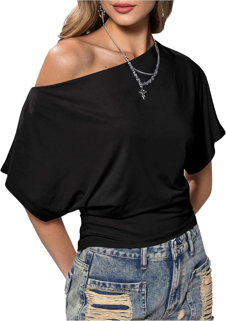 SweatyRocks Women's Off The Shoulder Crop Tops Asymmetrical Y2K Going Out Top Dolman Short Sleeve 2026 Summer Trendy Clothes, XS