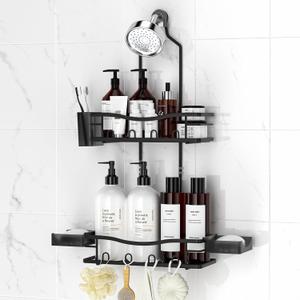 Shower Caddy Hanging, Rustproof Shower Caddy Anti-Swing Shower Organizer Over Showerhead No Drilling Shower Racks with Soap Holder Multi Hooks Bathroom Storage for Shampoo Sponge, Black