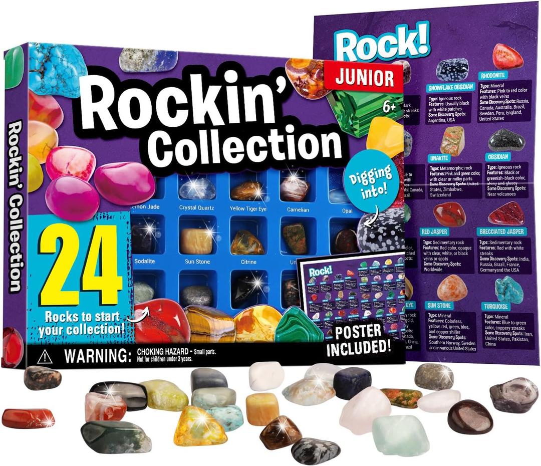 XXTOYS Rocks Collection 24 PCS Rock and Mineral Education Set Gemstones for Kids Geology Gem Kit with Tigers Eye Rose Quartz Red Jasper and More Identification Guide STEM Science Education