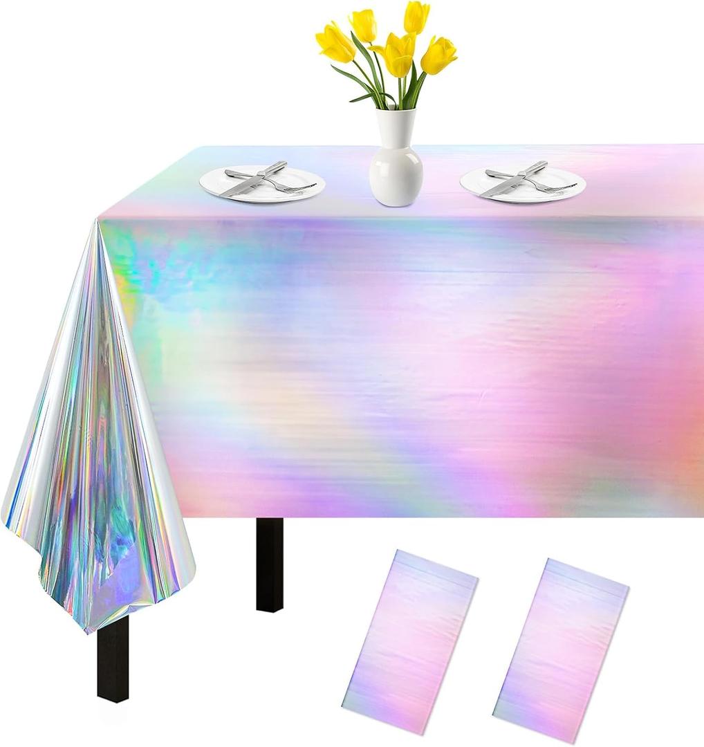 2 Pack Iridescent Tablecloth, 54" x 108" Birthday Party Table Cloths Iridescence Plastic Disposable Table Covers Iridescent Party Decorations, Birthday Decor Tablecloth for Buffet Table (Laser Color)