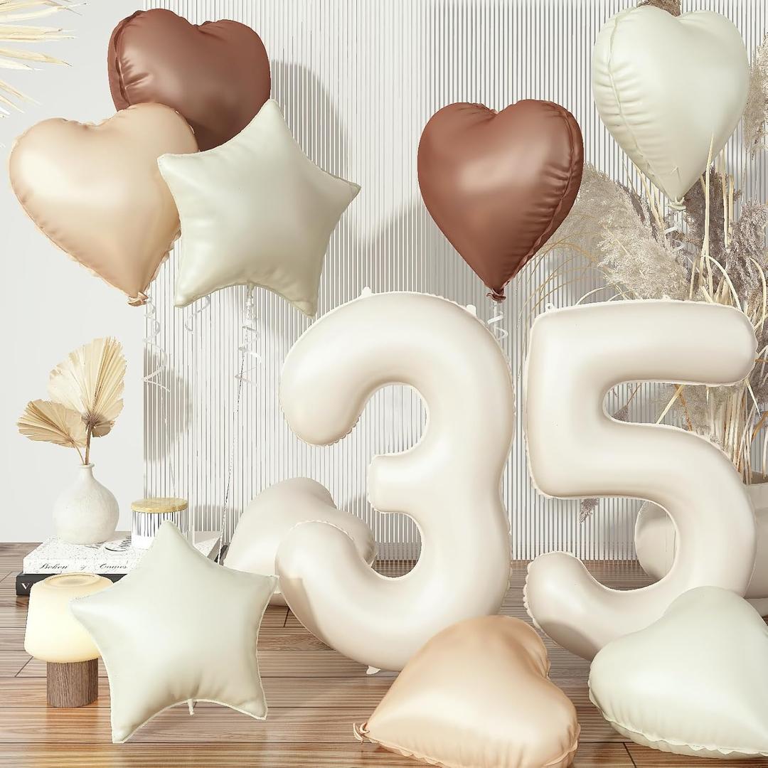 35th Birthday Decor, Cream Brown Tan Helium Number 35 Balloon, Heart and Star Balloons, Neutral Beige Sand White Nude Foil Set for Women Birthday Wedding Anniversary Party Boho Decoration