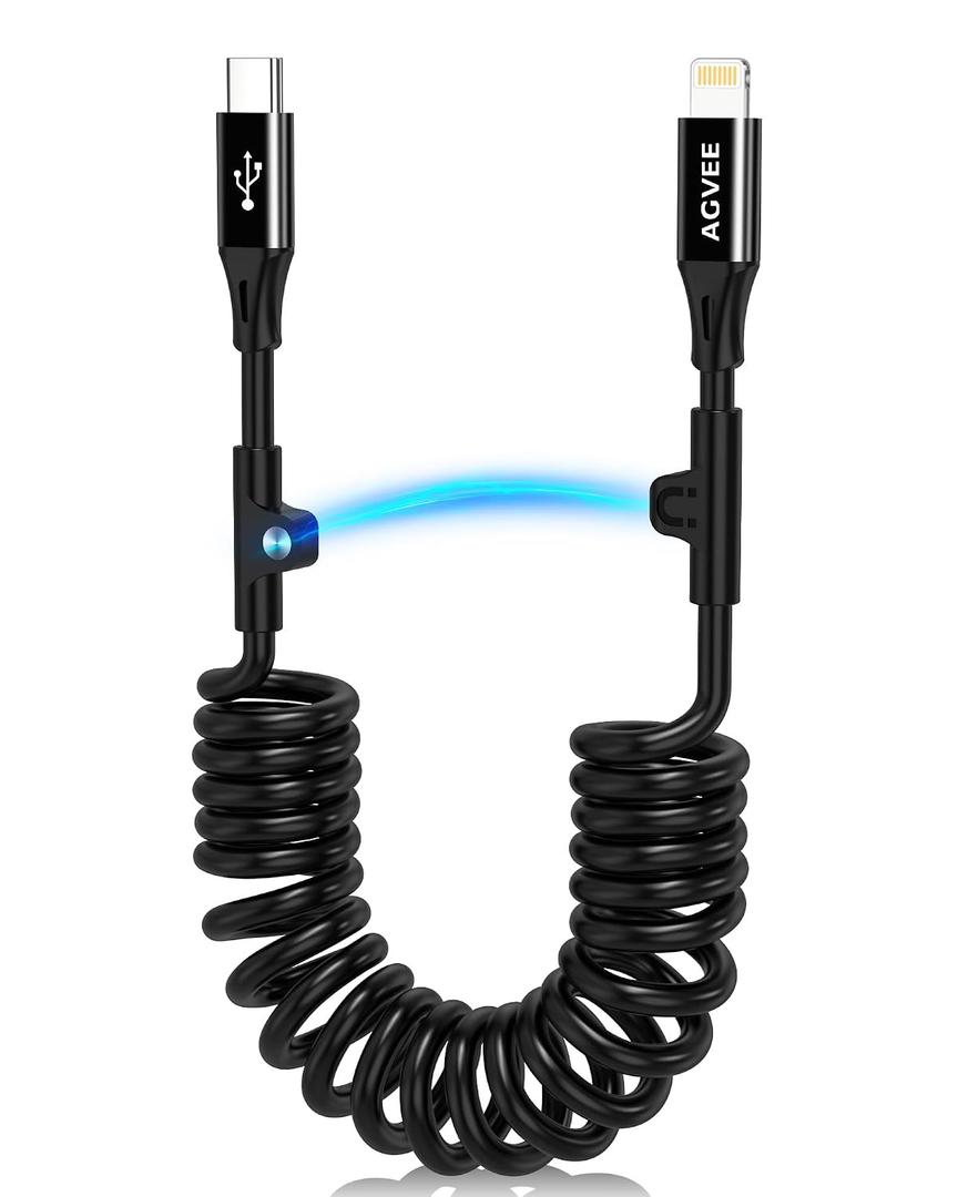 AGVEE 1.5ft Coiled USB-C to Lightning Cable [MFI Certified] Carplay | 30W PD Fast Charger Data Transfer Cord in Car for iPhone 14/13/12/11/XS/8/7/6/5, iPad, iPod