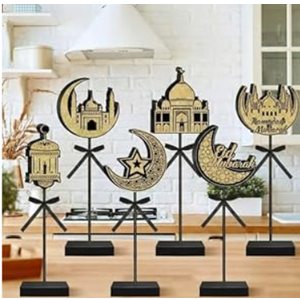 Briwooody 6 Pcs Ramadan Decorations Eid Mubarak Wooden Sign Set Moon Star Shape Tall Standing Islamic Ramadan Table Centerpiece Tabletop Decor Farmhouse Wood Block for Muslim Party Home Decorations