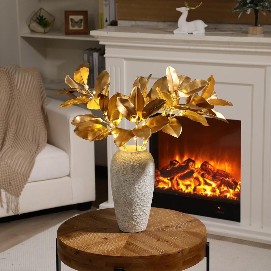Retisee 3 Pcs Artificial Gold Magnolia Stem Leaves Branches 25.6 inch Valentines Faux Magnolia Tree Picks with Light String Faux Stems Leaves for Valentine Vase Wedding Bouquet Home Table Decoration