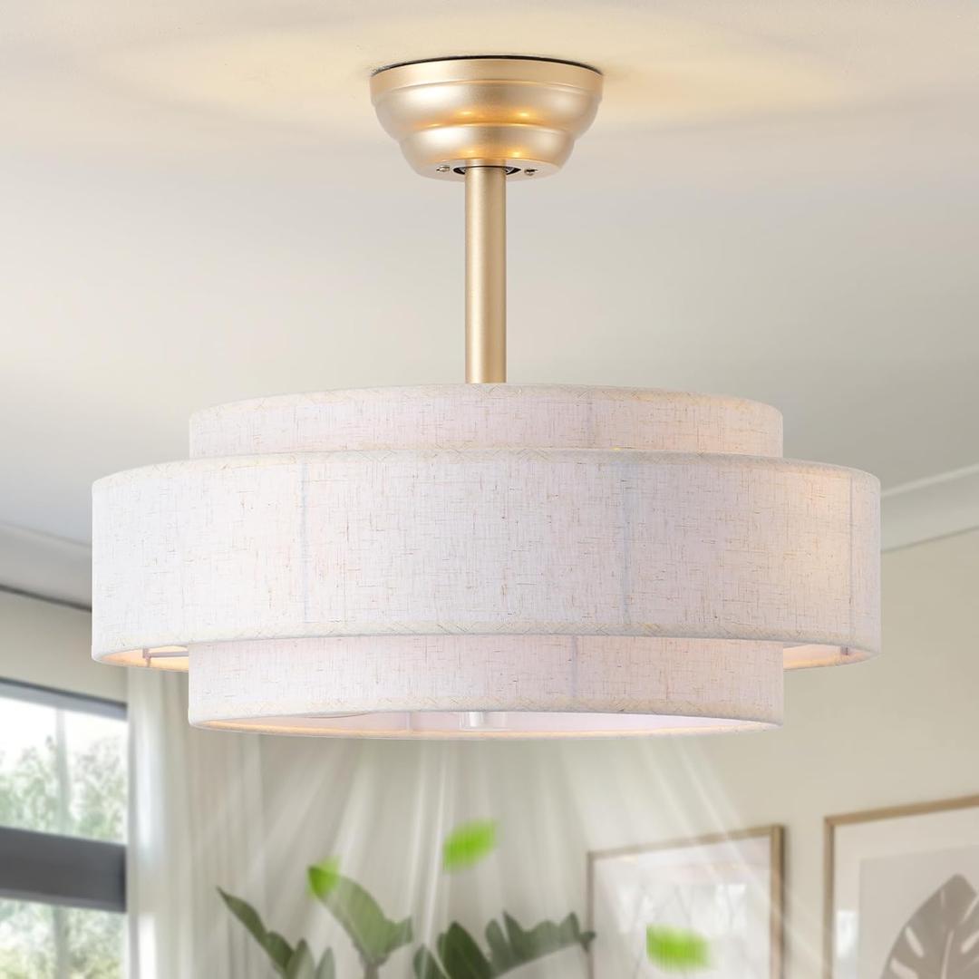 20'' Boho Fandelier Ceiling Fan with Light, Gold Fabric Chandelier with Light Remote Control, Caged with 6 Speeds for Bedroom, Nursery, Living Room