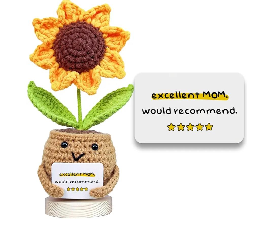 Gossby Gift for Mom from Daughter, Son, Kids - Mother's Day Basket Stuffers - Excellent MOM Would Recommend Sunflower Crochet - Christmas, Birthday Gift Idea for Mama - Knitted Crochet Doll 2 Pack
